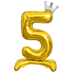 Шар (32''/81 см) Цифра на подставке, 5 Серебристая корона, Золото, 1 шт. в уп.